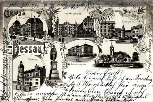 Litho Dessau in Sachsen Anhalt, Residenzschloss, Kirche, Rathaus