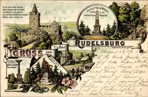 Litho Saaleck Bad Kösen Naumburg Saale, Rudelsburg, Kaiser Wilhelm I Denkmal, Bismarckdenkmal