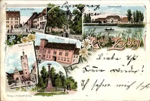 Litho Zörbig Sachsen Anhalt, Lange Straße, Tor, Kirche, Rathaus, Dorotheenhof