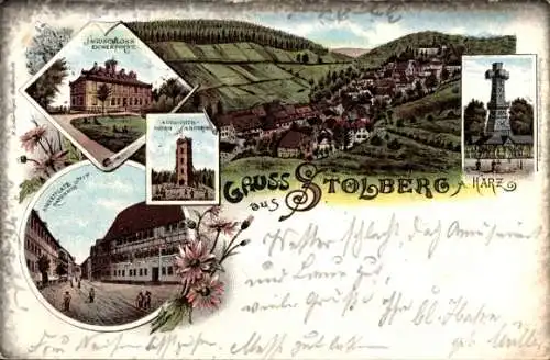 Litho Stolberg Südharz, Jagdschloss Eichenforst, Aussichtsturm, Marktplatz, Rathaus