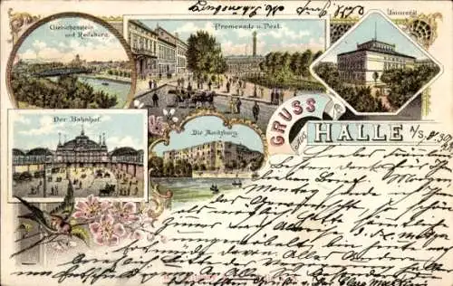 Litho Halle an der Saale, Bahnhof, Giebichenstein, Reifsburg, Promenade, Post, Universität