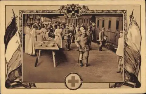Ak Ankunft von Verwundeten, Verpflegung durch Mitglieder des Roten Kreuzes, I. WK