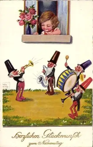 Künstler Ak Wills, John, Glückwunsch zum Namestag, Mädchen am Fenster, musizierende Zwerge, Dirigent