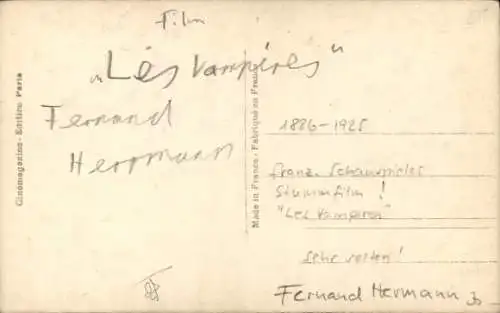 Ak Schauspieler Fernand Hermann, Portrait, Stummfilm Les Vampires, Autogramm