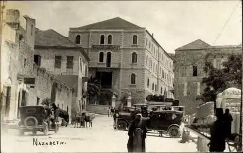 Foto Ak Nazaret Nazareth Israel, Hotel pour Pelerins, Pilgerhaus, Autos