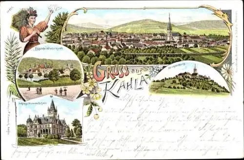 Litho Kahla in Thüringen, Panorama, Schloss Hummelshain, Leuchtenburg, Fröhliche Wiederkunft