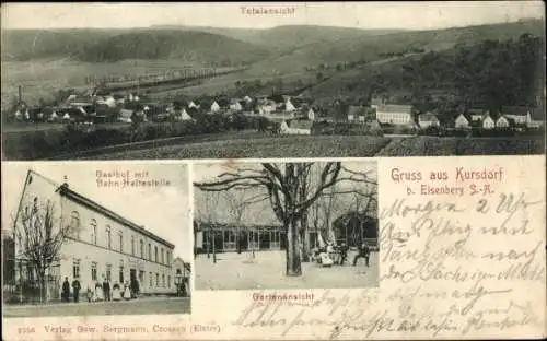 Ak Kursdorf Eisenberg in Thüringen, Totalansicht, Mühltal, Gasthof, Bahn-Haltestelle, Garten