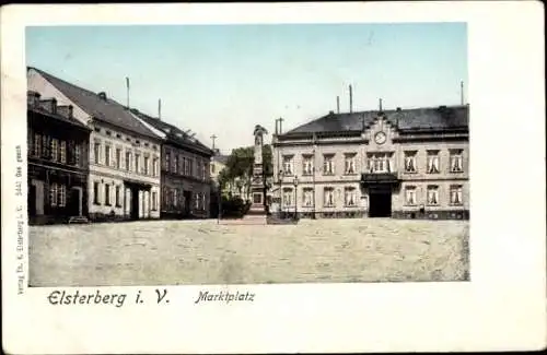 Golden Windows Leuchtfenster Ak Elsterberg im Vogtland, Marktplatz, Denkmal