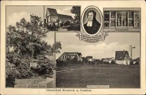 Ak Ostseebad Koserow auf Usedom, Kirche, Friedrich Wilhelm Eiche, Meinholdstraße, Wilhelm Meinhold