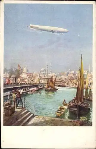 Künstler Ak Konstantinopel Istanbul Türkei, Zeppelin Schütte Lanz über der Stadt, Luftfahrerdank