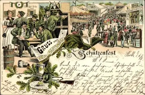 Litho Gruß vom Schützenfest, Festplatz, Attraktionen, Schützen