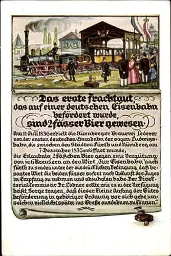 Künstler Ak Nürnberg, Das erste Frachtgut einer deutschen Eisenbahn, 2 Fässer Bier, Ledererbräu