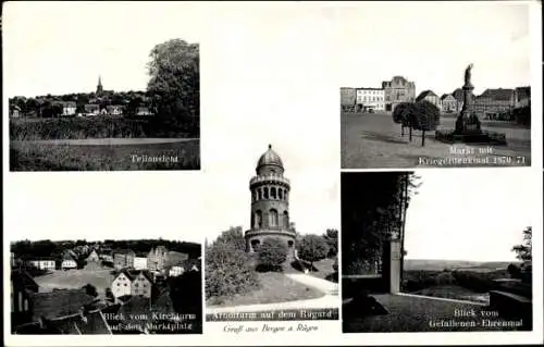 Ak Bergen auf der Insel Rügen, Markt, Kriegerdenkmal, Arndtturm, Rugard