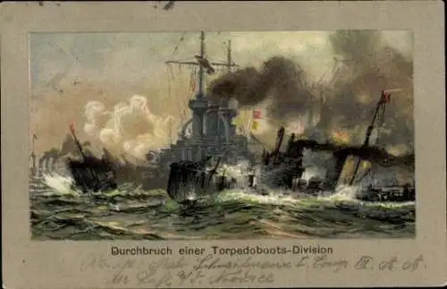 Litho Deutsche Kriegsschiffe, Durchbruch einer Torpedobootsdivision, Kaiserliche Marine