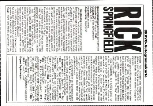 Ak Schauspieler Rick Springfield, Portrait, Autogramm, Bravo