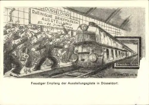 Ganzsachen Künstler Ak Peters, Düsseldorf, Rheinische Briefmarken-Ausstellung Juni 1936, Eisenbahn