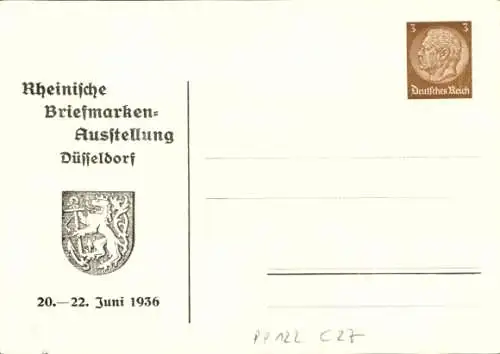 Ganzsachen Künstler Ak Peters, Düsseldorf, Rheinische Briefmarken-Ausstellung Juni 1936, Eisenbahn