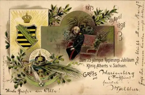 Wappen Litho 25 jähriges Regierungsjubiläum König Albert von Sachsen