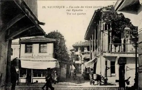 Ak Saloniki Griechenland, Altstadt, Egnatia-Straße, Geschäft, Esel