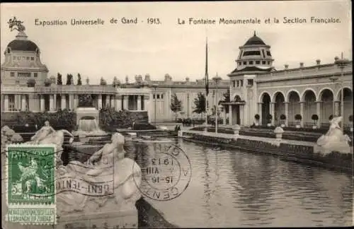 Ak Gent Ostflandern, Weltausstellung 1913, Monumentalbrunnen, Französischer Teil