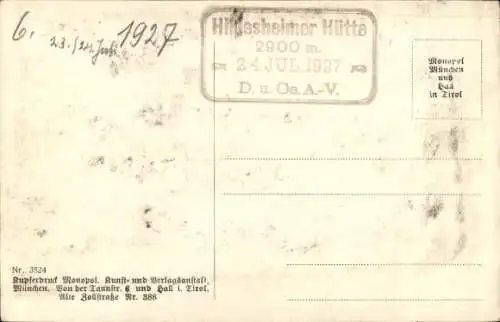 Ak Ötztal Tirol, Hildesheimerhütte, Pfaffenschneide