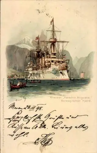 Künstler Litho Bohrdt, Hans, Deutsches Kriegsschiff, Kreuzer Kaiserin Augusta, Norwegischer Fjord