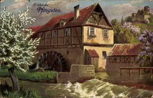 Künstler Ak Fröhliche Pfingsten, Wassermühle