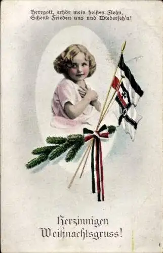 Ak Frohe Weihnachten, Mädchen mit Fahnen, Tannenzweig, Patriotik 1. WK