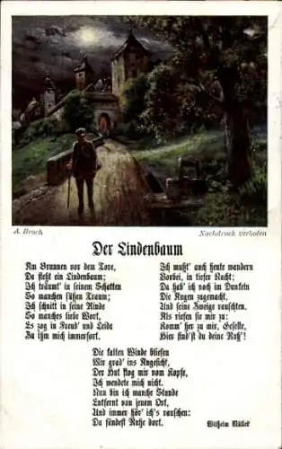 Gedicht Künstler Ak Broch, A., Wilhelm Müller, Der Lindenbaum, Am Brunnen vor dem Tore