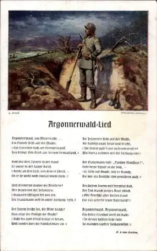 Lied Künstler Ak Broch, A., Argonnerwald Lied, Deutscher Soldat mit Schaufel, Schützengraben