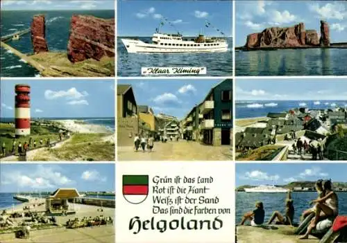 Ak Nordseeinsel Helgoland, Teilansichten, Schiff Klaar Kiming, Leuchtturm, Felsen, Unterland