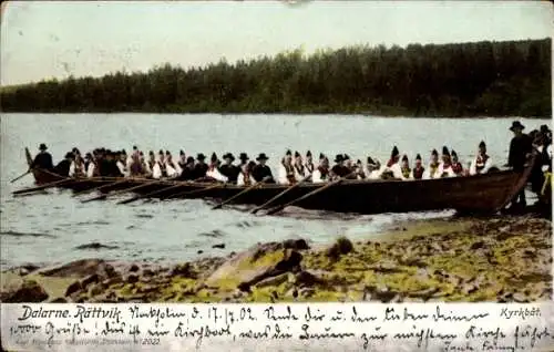 Ak Dalarna Schweden, Rättvik, Kyrkbät, Menschen in traditioneller Tracht, Ruderboot