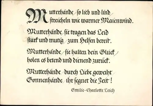 Gedicht Ak Emilie-Charlotte Leich, Mutterhände, so lieb und lind