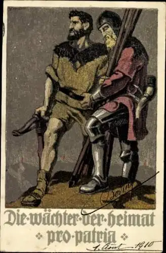 Ganzsachen Künstler Ak Schweizer Bundesfeier 1910, Die Wächter der Heimat, Pro Patria, Tell