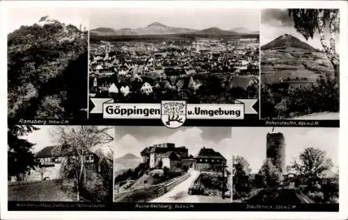 Ak Göppingen in Württemberg, Panorama, Ramsberg, Hohenstaufen, Wäscherschloss, Ruine, Staufeneck