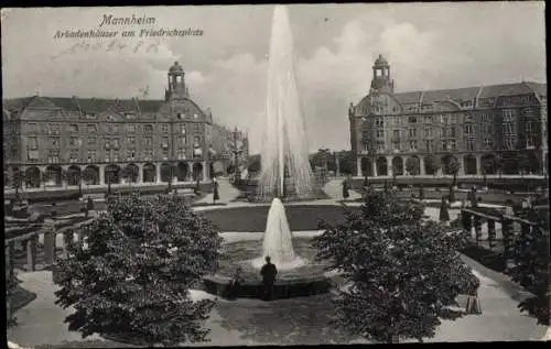 Ak Mannheim in Baden, Arkadenhäuser am Friedrichsplatz, Springbrunnen