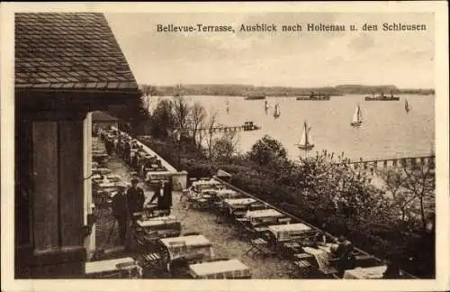 Ak Düsternbrook Kiel, Bellevue, Terrasse, Aussicht nach Holtenau, Schleusen, Segelboote