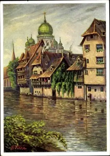 Künstler Ak Georg Finke, Nürnberg, Insel Schütt, Synagoge