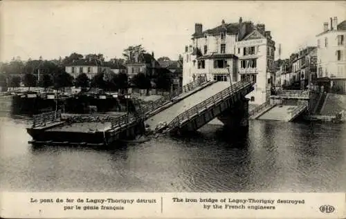 Ak Lagny Thorigny Seine et Marne. Die Eiserne Brücke, Zerstörte Brücke, Ruinen