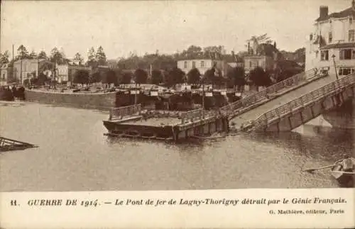 Ak Lagny Seine et Marne, Eiserne Brücke durch französische Ingenieurskunst zerstört