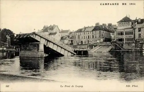 Ak Lagny Seine et Marne, Die zerstörte Brücke, Krieg 1914