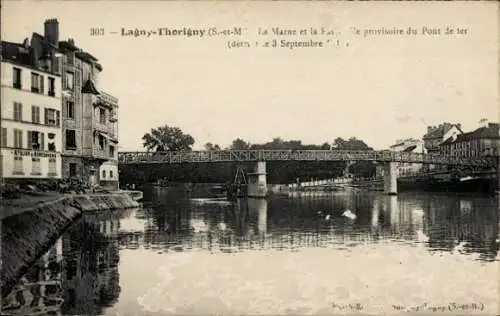 CPA Lagny Thorigny Seine et Marne, La Marne, La Passerelle provisoire du Pont de fer, detruit 1914