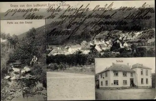 Ak Esch Waldems im Taunus, Gesamtansicht, Emstal, Schule