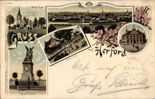 Mondschein Litho Herford in Westfalen, Schützenhof, Post, Münsterkirche, Kriegerdenkmal, Bahnhof