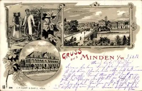 Litho Minden in Westfalen, Weserbrücke, Trachten