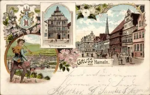 Litho Hameln an der Weser Niedersachsen, Osterstraße, Rattenfänger, Rattenfängerhaus