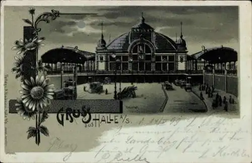 Mondschein Litho Halle an der Saale, Bahnhof bei Nacht