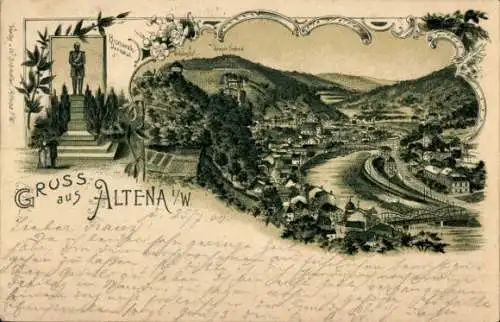 Litho Altena in Westfalen, Gesamtansicht, Bismarckdenkmal