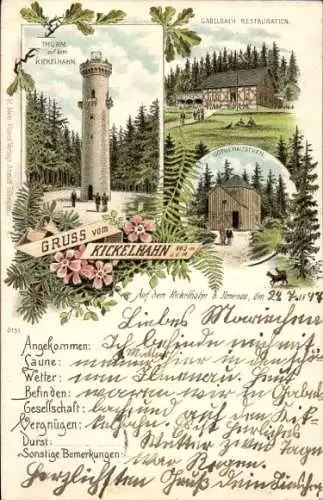 Litho Ilmenau in Thüringen, Kickelhahn,Turm, Goethehäuschen