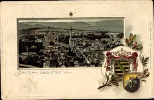 Präge Wappen Litho Eibenstock im Erzgebirge Sachsen, Panorama